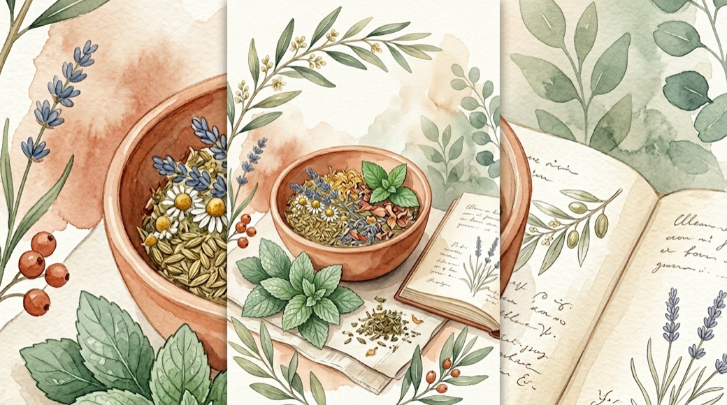 Ilustracja: spokojna scena z ziołami i elementami przewodnika — publikacja edukacyjna Przewodnik Natury